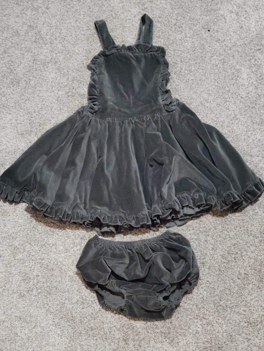 Numi Girls Velvet Ruffle Pinafore Dress with Bloomers - Dark Green